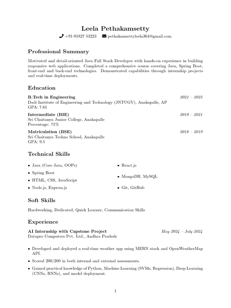 Java Full Stack Developer Resume | PDF