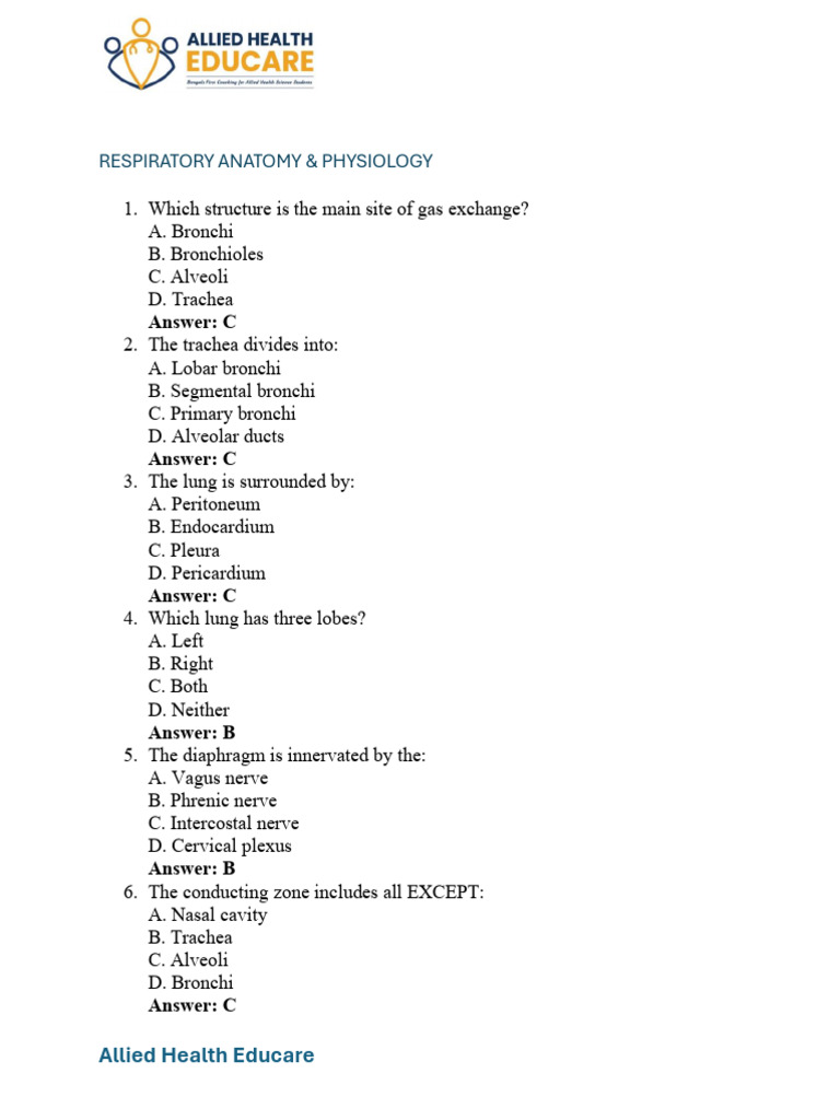 Respiratory Anatomy & Physiology Quiz | PDF | Lung | Respiratory Tract