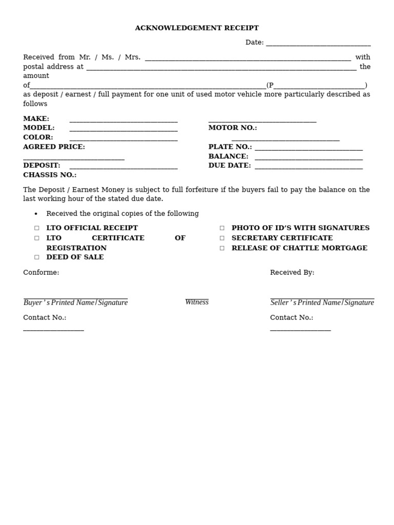 Motor Vehicle Acknowledgement Receipt | PDF | Receipt | Mortgages