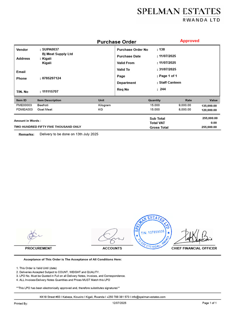 Purchase Order for Meat Supply 2025 | PDF | Invoice