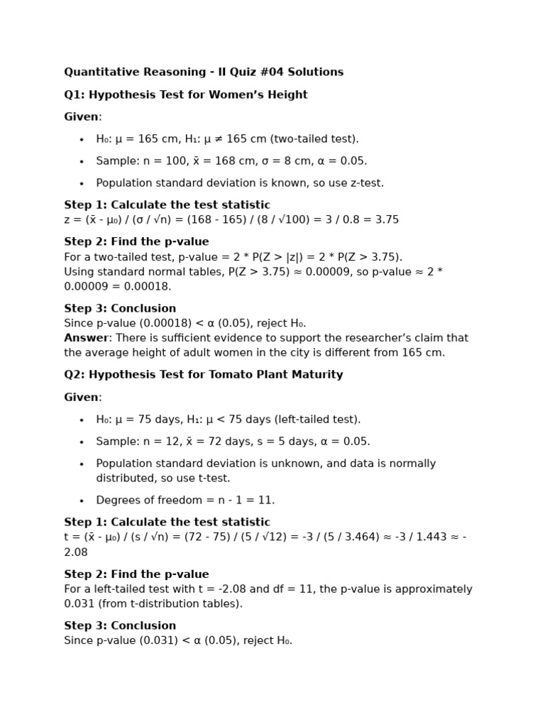 Quantitative Reasoning Quiz 4 Solved | PDF | P Value | Scientific Method