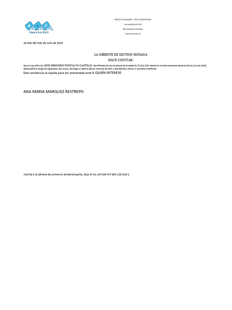 Documento Triple A Jose Gregorio Fontalvo | PDF