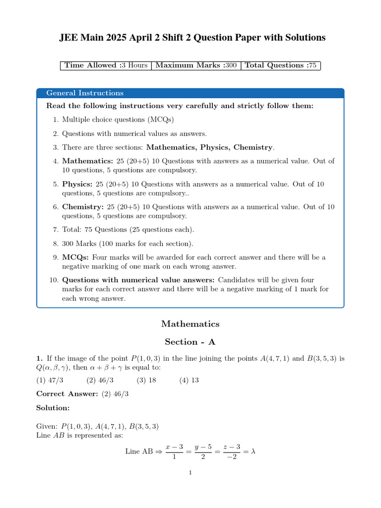 JEE Main 2025 April 2 Shift 2 Solutions | PDF | Square Root | Ellipse