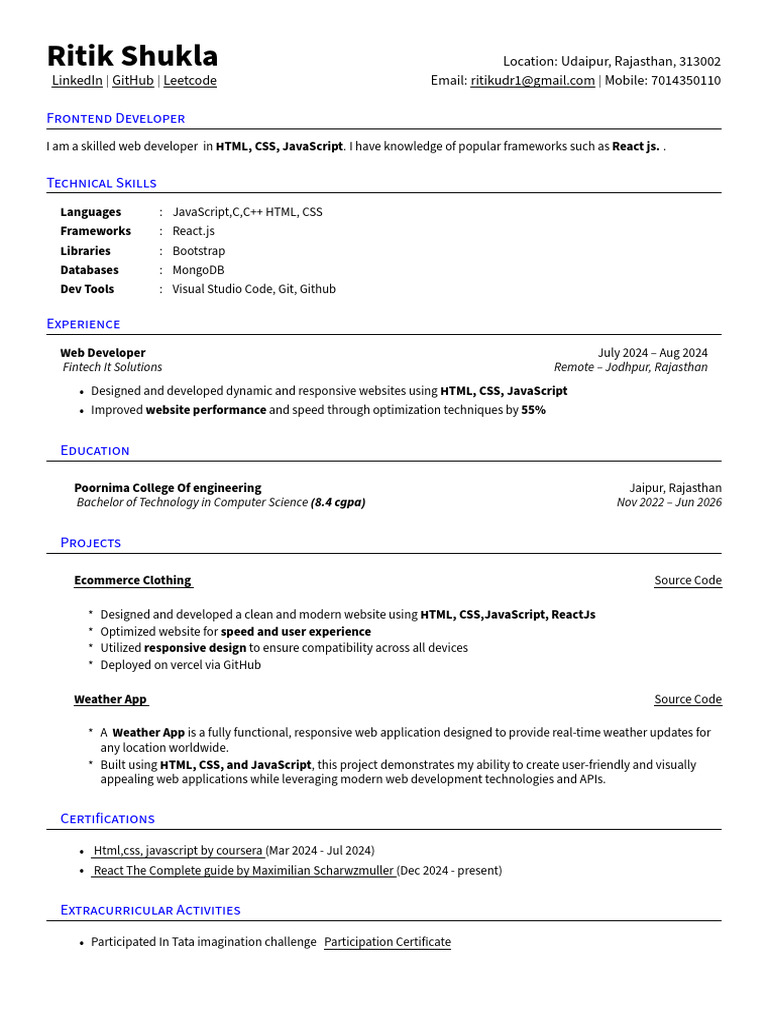 Ritik Shukla: Frontend Developer Profile | PDF | Java Script | Websites