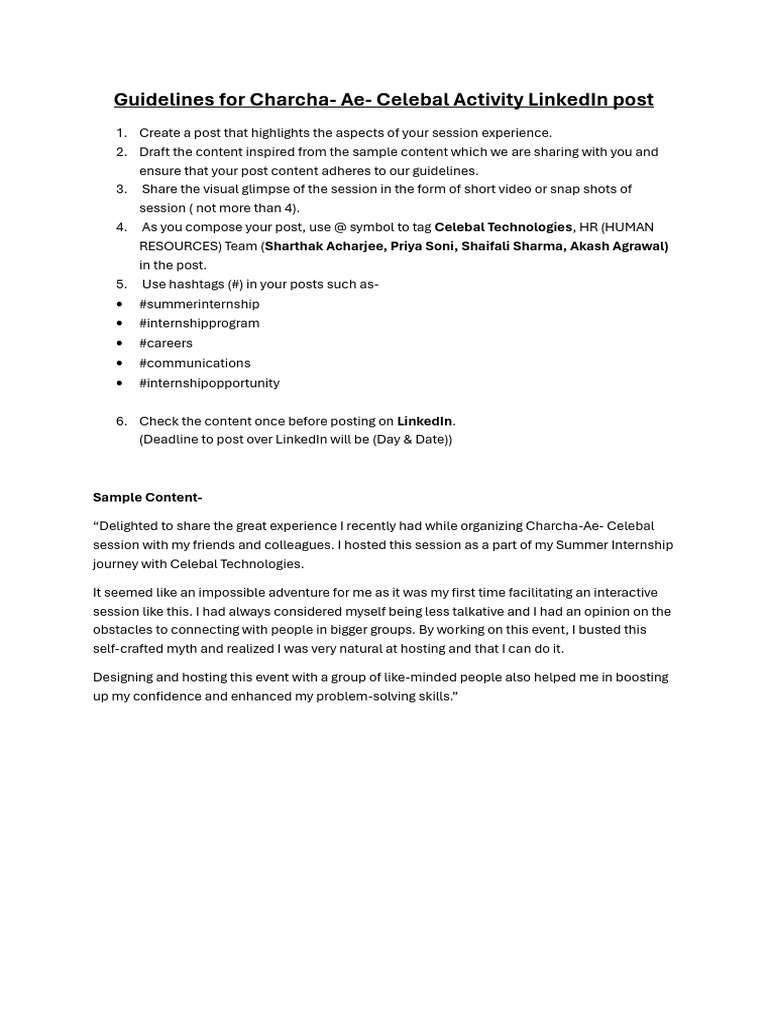 LinkedIn Posting Guidelines for Interns | PDF