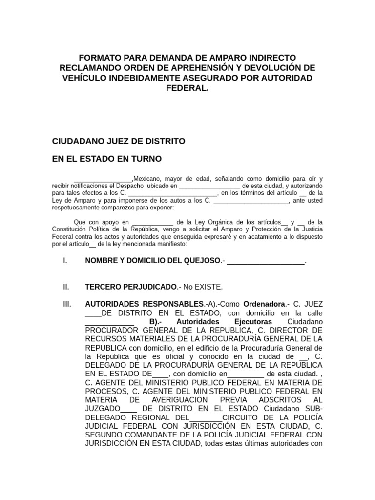 Demanda de Amparo Indirecto por Aprehensión | PDF | Violación | Derecho ...