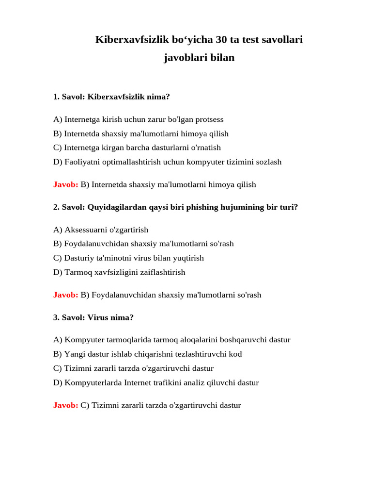 Kiberxavfsizlik Bo Yicha 30 Ta Test Savollari | PDF