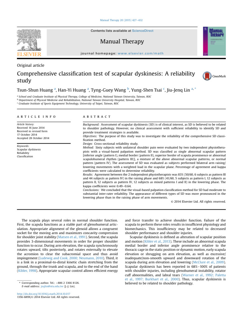 Scapular Dyskinesis Classification Reliability | PDF | Shoulder ...