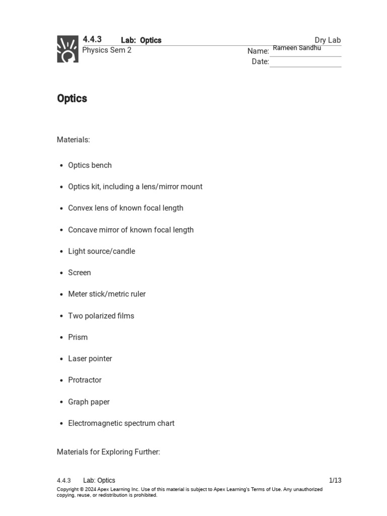 Kami Export - 4.4.3 Lab - Optics (Dry Lab) | PDF | Optics | Light