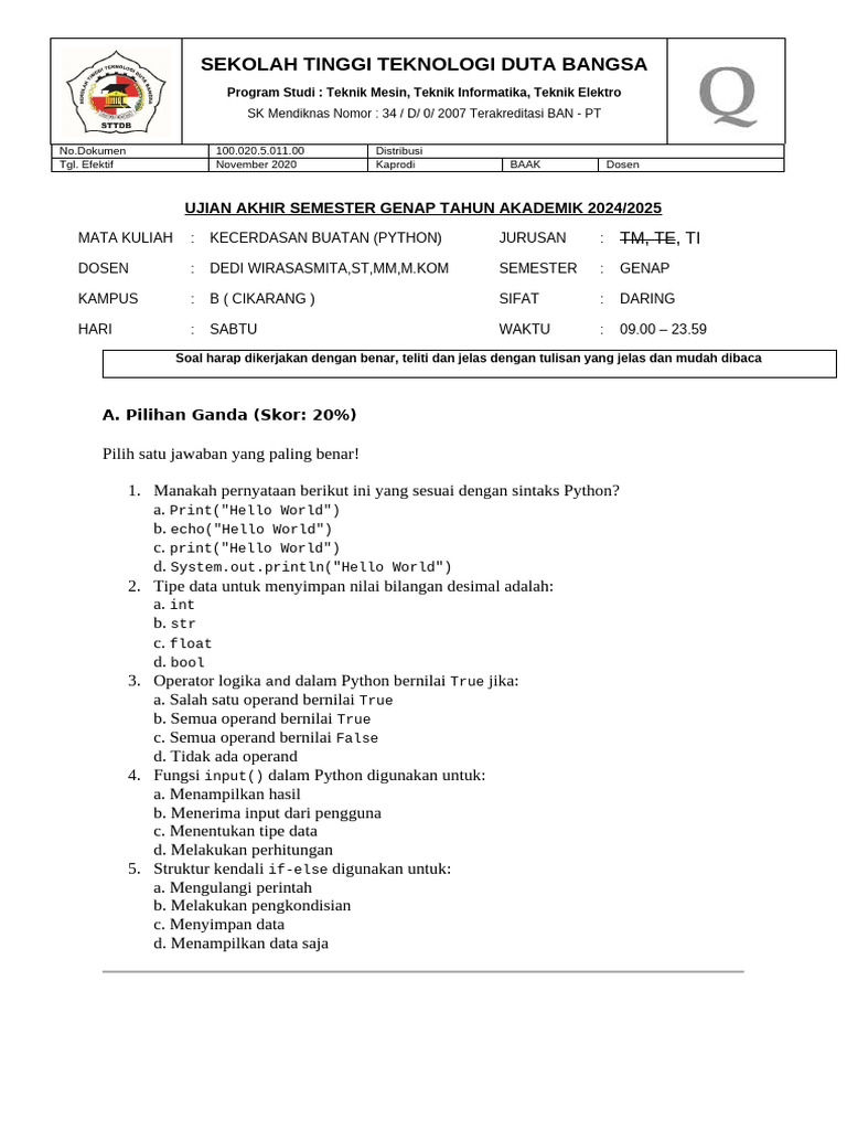 Soal Uas Kecerdasan Buatan (Python) Juli 2025 | PDF