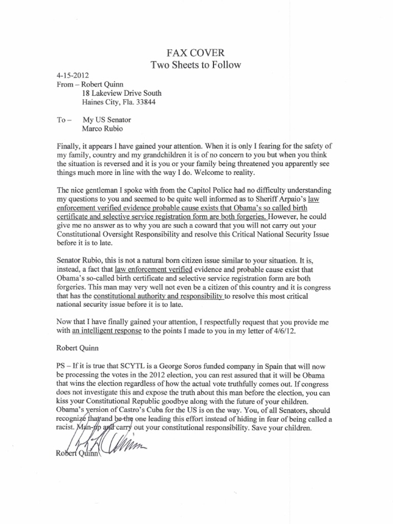 Urgent Letter to Senator Rubio on Obama | PDF | United States Congress ...