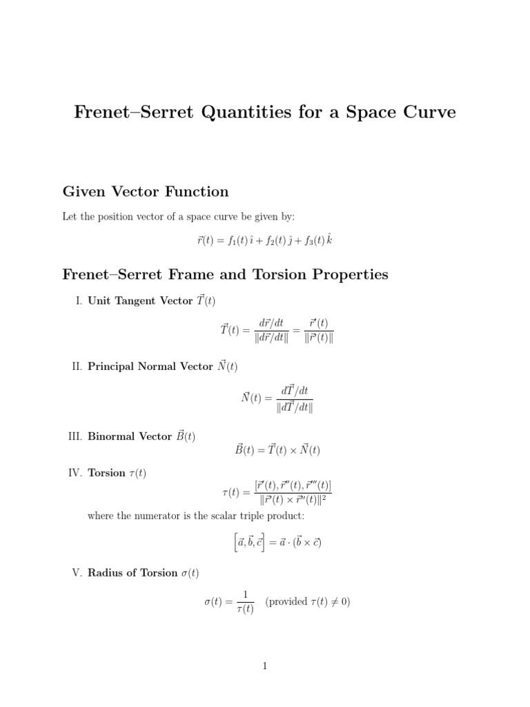 Frenet-Serret Quantities For A Space Curve | PDF