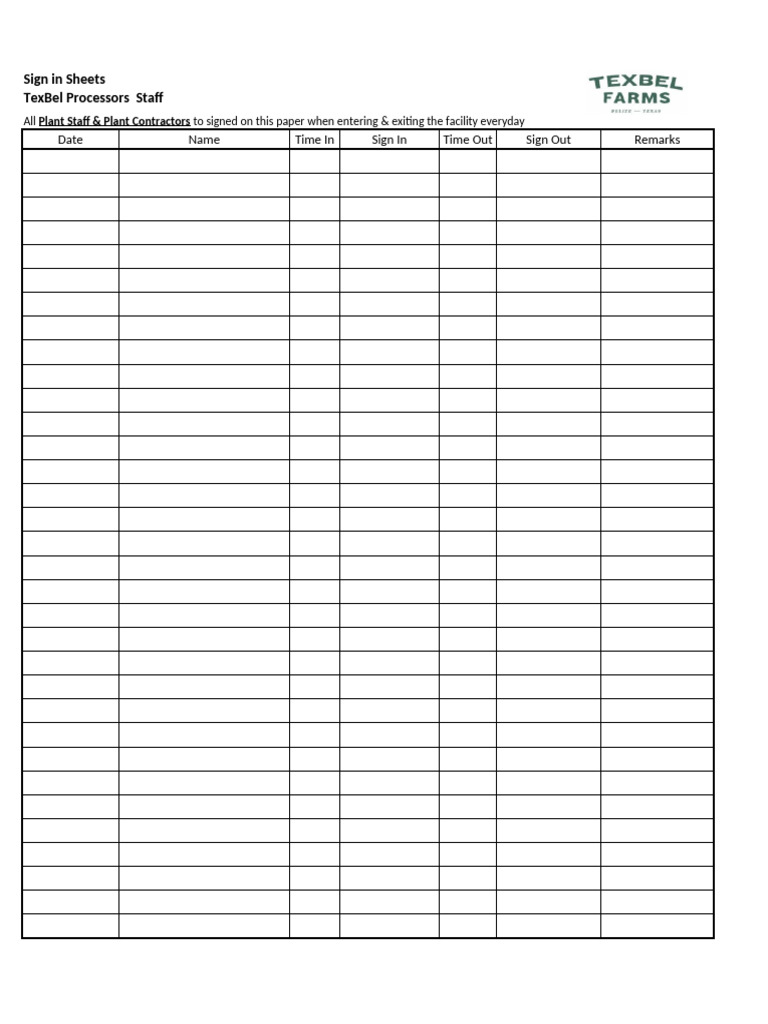 TexBel - Form Sign in Sheets Supervisor | PDF