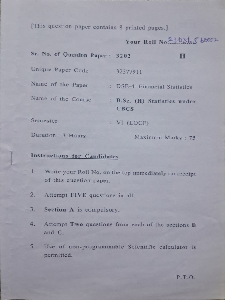PYQ Sem 6 Financial Statistics | PDF