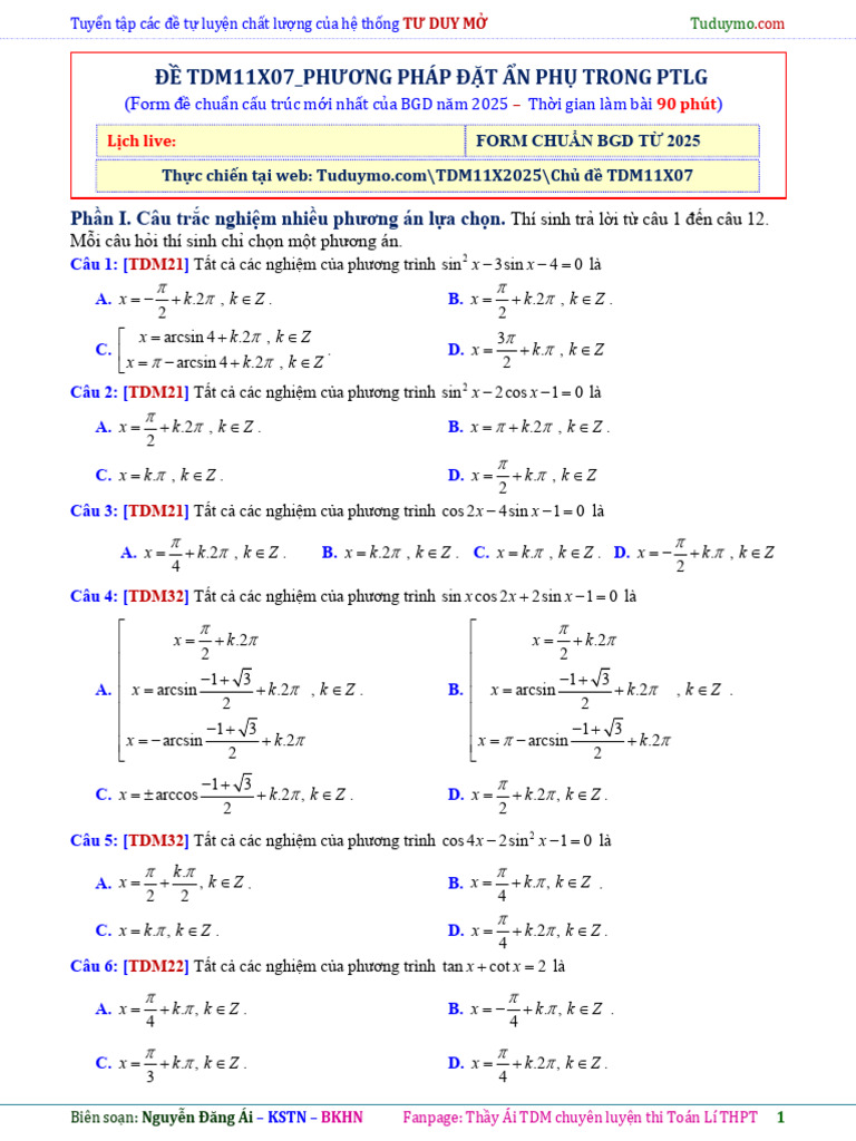 Đề Tdm11x07 - đtl - pp Đặt Ẩn Phụ Trong Ptlg - form Chuẩn Bgd 2025 - a ...