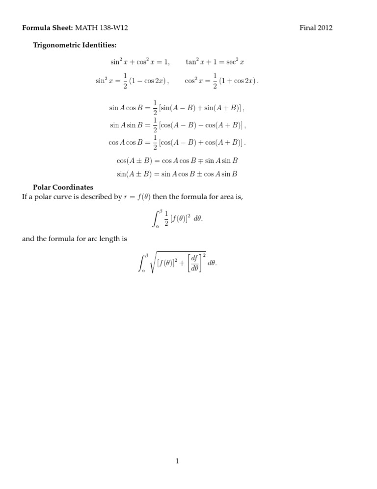 MATH 138-W12 Final Formula Sheet | PDF