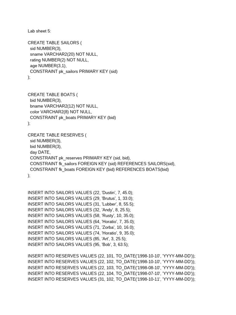 SQL Tables and Queries for Sailors | PDF | Data Management | Software ...