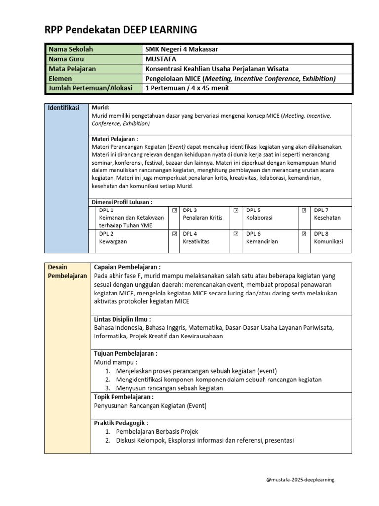 RPP Deep Learning untuk MICE di SMK | PDF