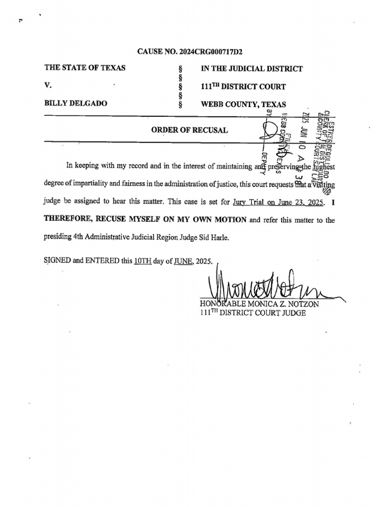 Order of Recusal - Judge Monica Notzon in State of Texas v. Billy ...