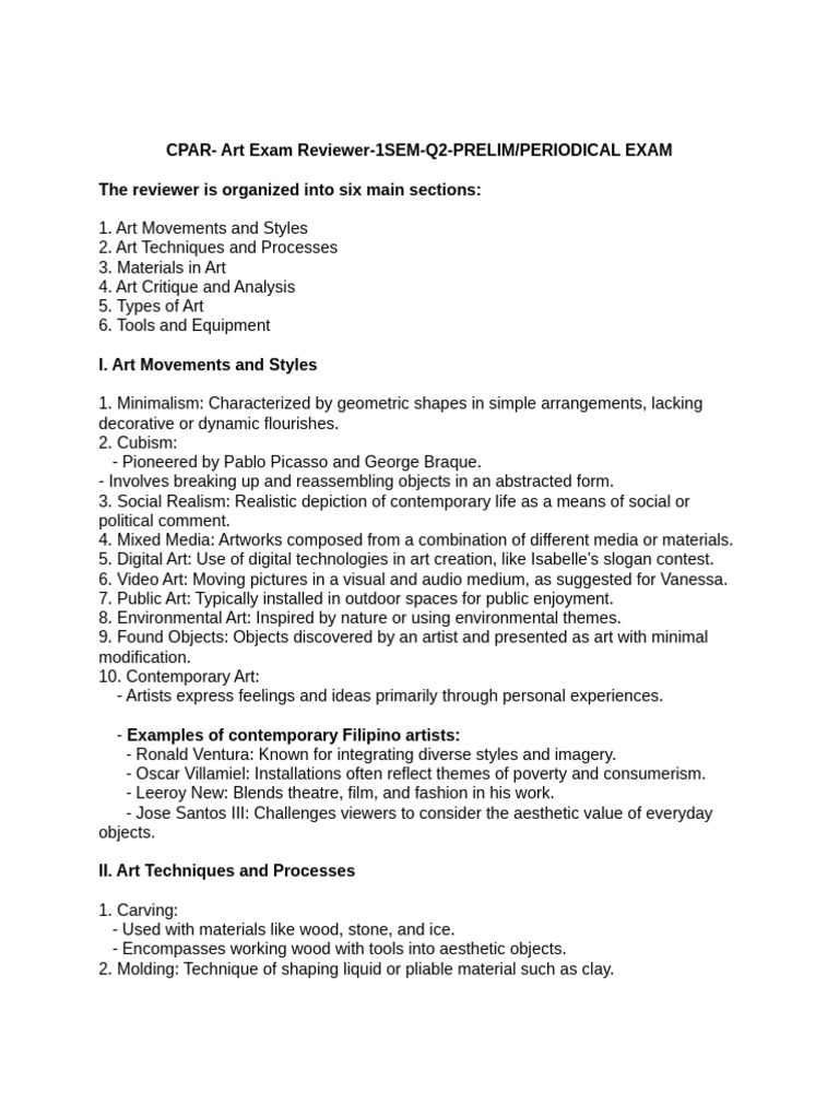 Comprehensive Art Exam Reviewer Guide | PDF | Wood Carving | Paintings