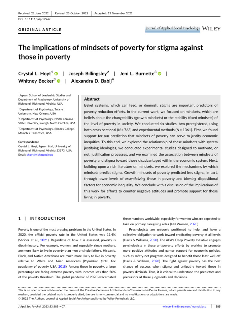 Mindsets of Poverty and Stigma Effects | PDF | Social Stigma | Mindset