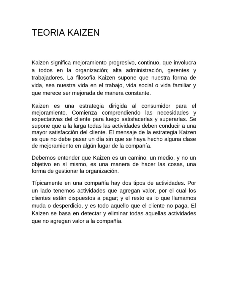 Teoría Kaizen: Mejora Continua en Empresas | PDF | Calidad (comercial ...