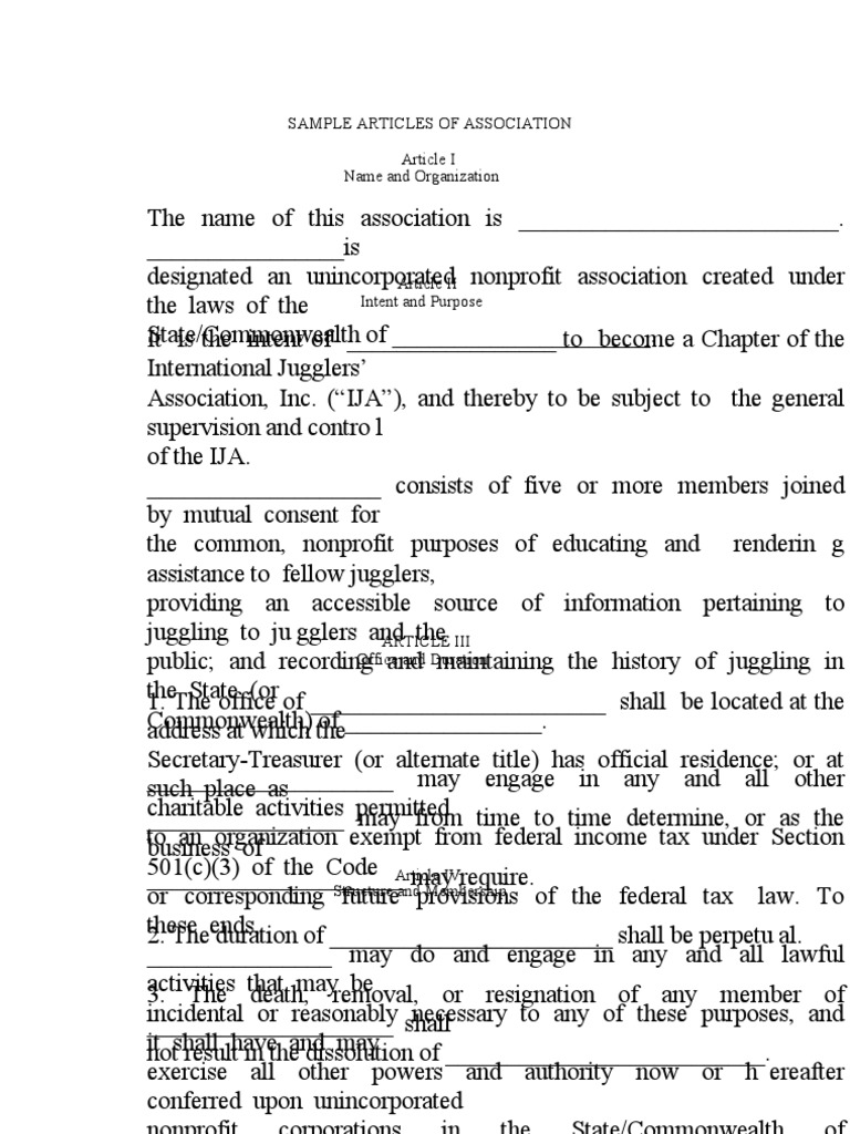 Sample Articles of Association Template | PDF | Nonprofit Organization ...