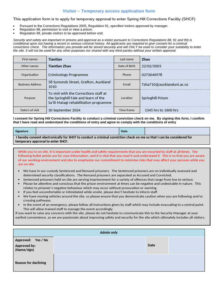 Springhill Prison Visitor Application Form | PDF | Prison | Crimes