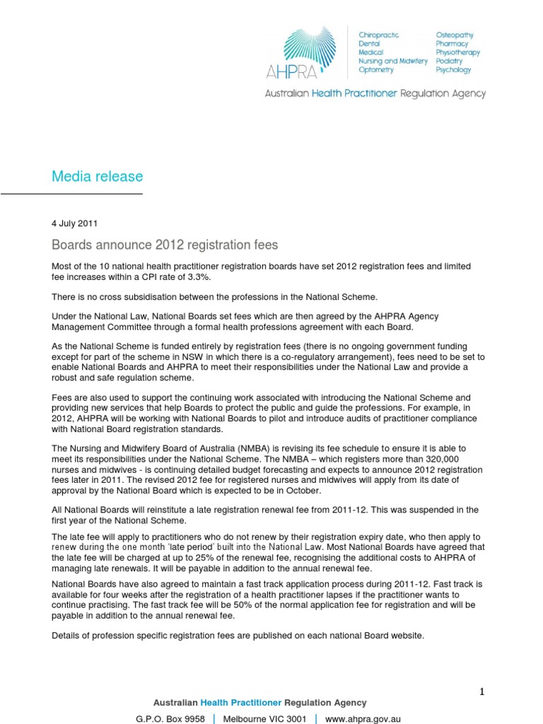 AHPRA and Boards Announce Registration Fees PDF Midwife Nursing