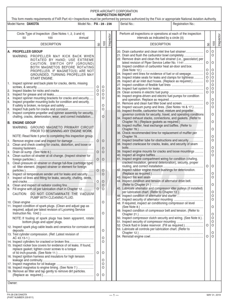 PA-28-236 Dakota Inspection Checklist | PDF | Screw | Nut (Hardware)