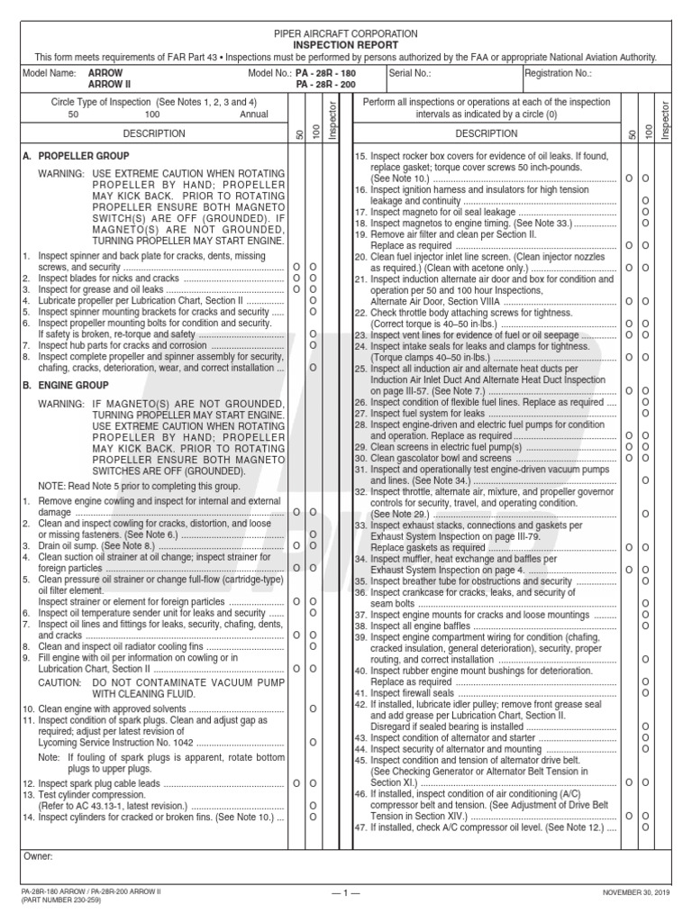 PA-28R Aircraft Inspection Report | PDF | Belt (Mechanical) | Aircraft ...