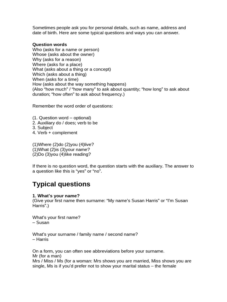 How to Answer Personal Detail Questions | PDF