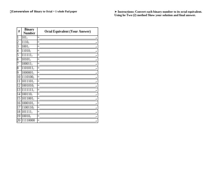 Binary to Octal Conversion Worksheet | PDF
