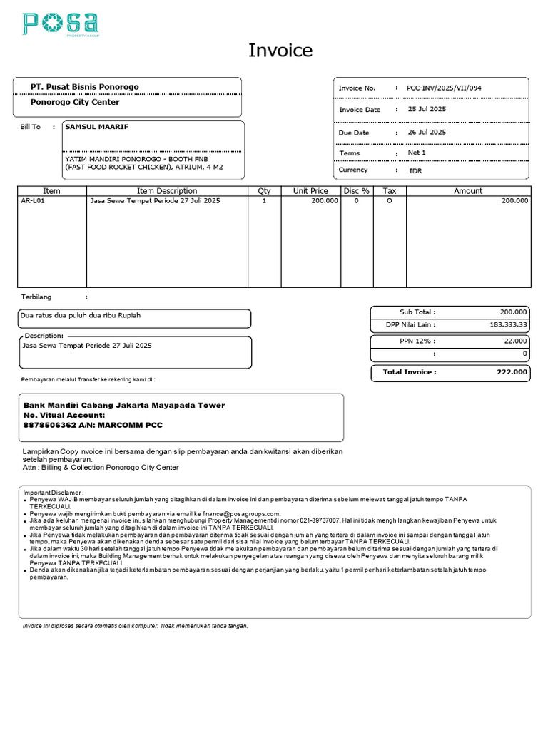 Invoice Sewa Tempat PCC Juli 2025 | PDF