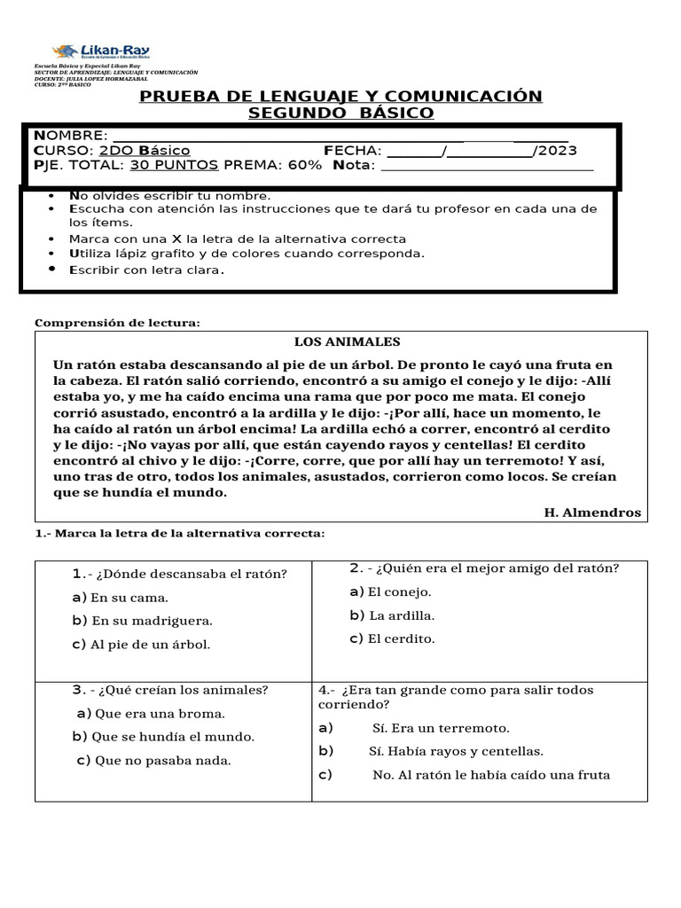Prueba de Lenguaje 2º Básico | PDF
