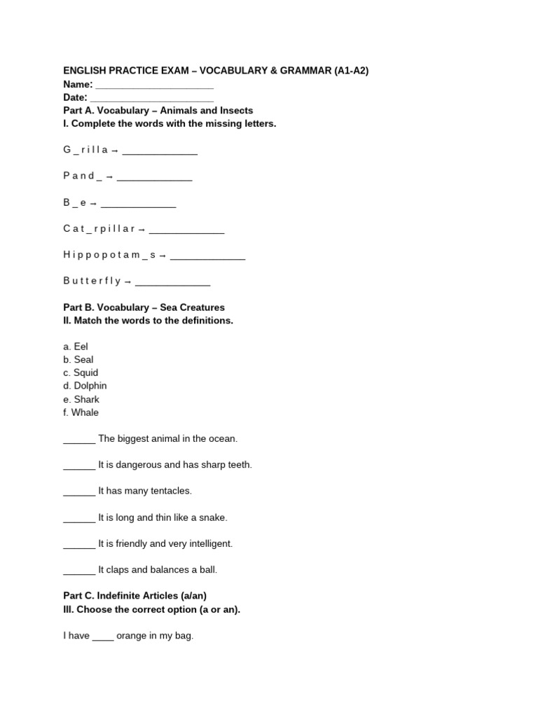 English Practice Exam - Vocabulary & Grammar (A1-A2) | PDF | Dolphin