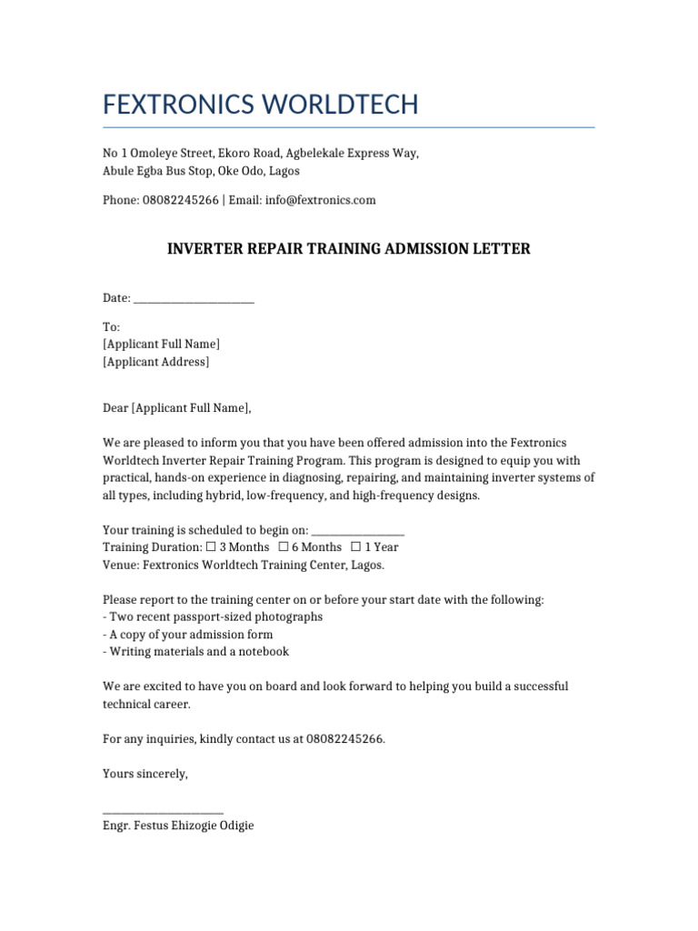 Fextronics Worldtech Training Admission Letter | PDF