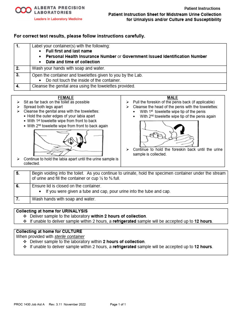 Patient Instruction Sheet Midstream Urine | PDF | Excretion | Urinary ...