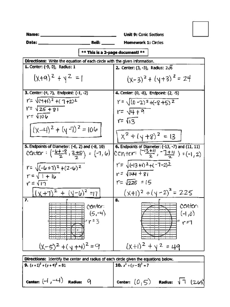 Algebra 2 Unit 9 Conic Sections Homework Key | PDF