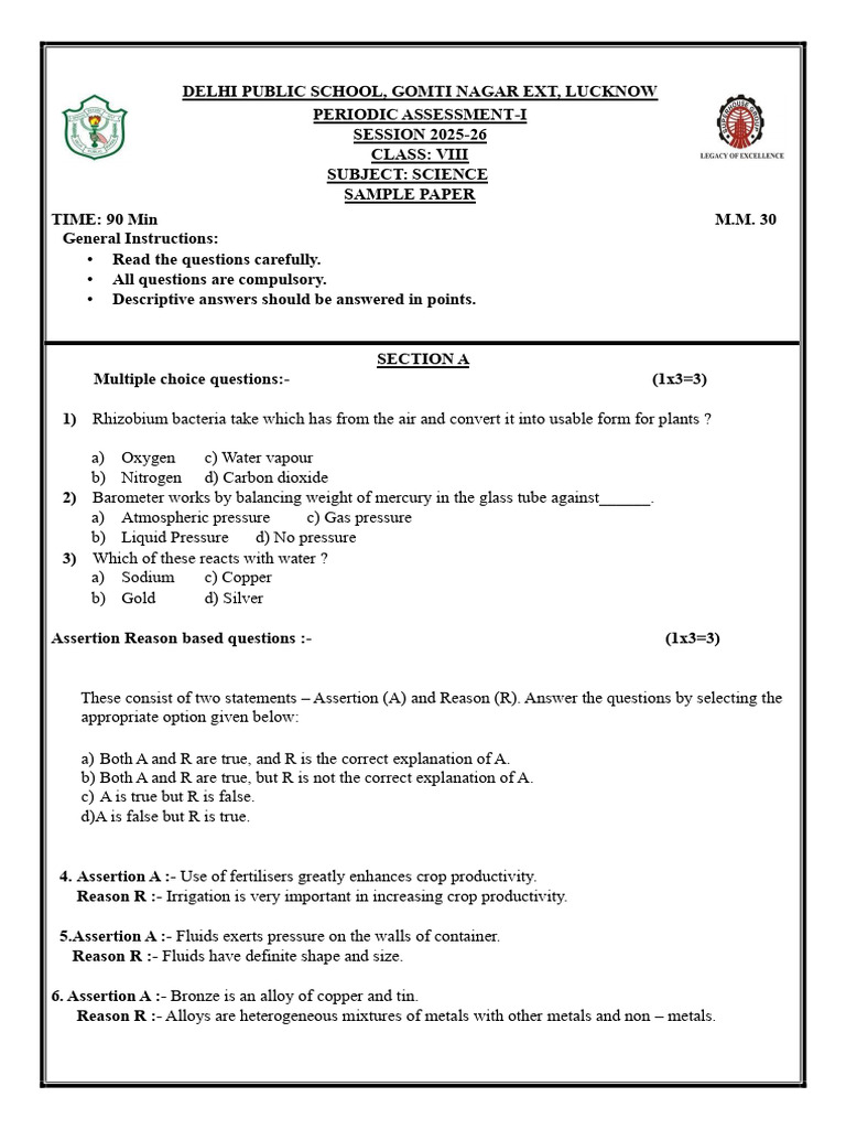 Class VIII Science Sample Paper 2025-26 | PDF | Fertilizer | Pressure