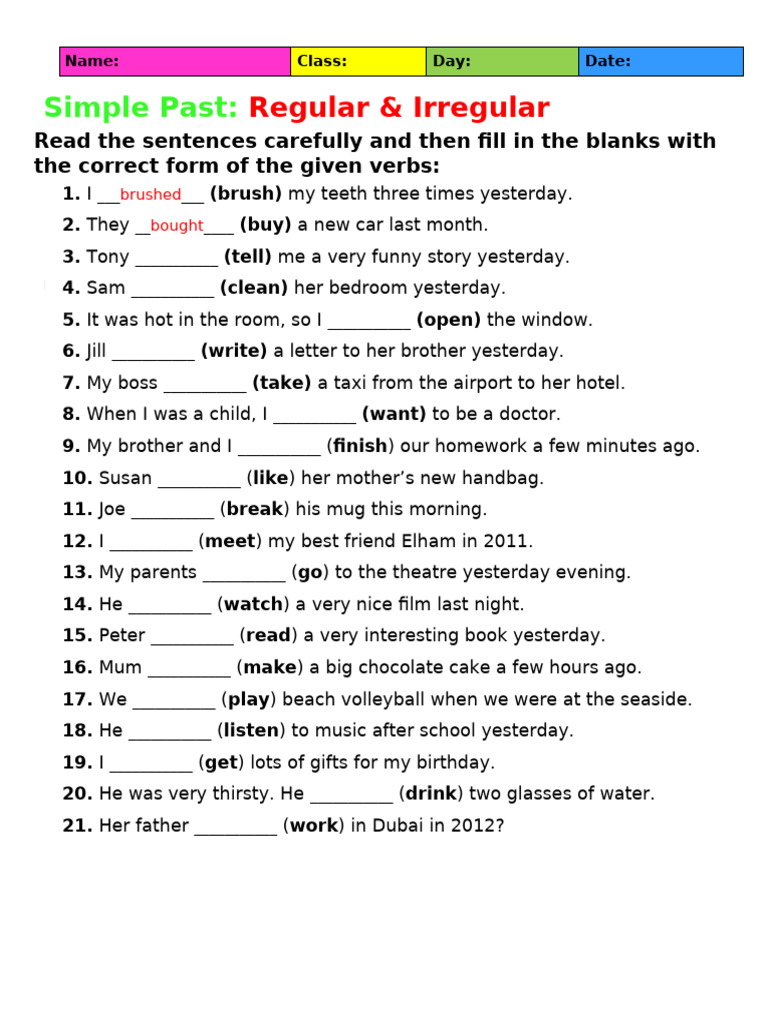 Simple Past Regular Irregular Tenses Grammar Drills 123462 | PDF