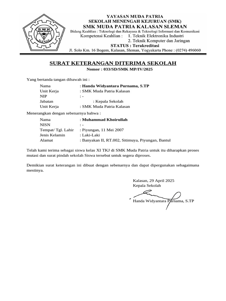 Surat Keterangan Diterima Siswa Baru | PDF