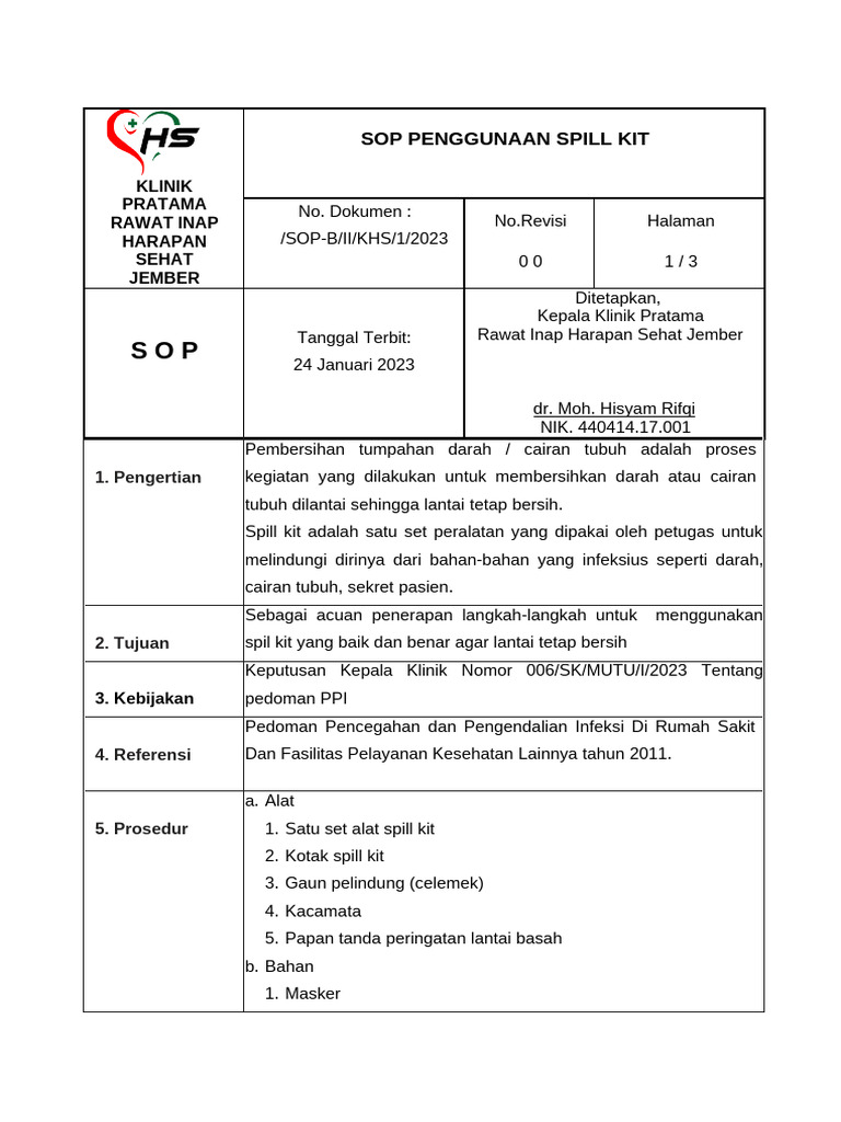 SOP Penggunaan Spill Kit Klinik | PDF