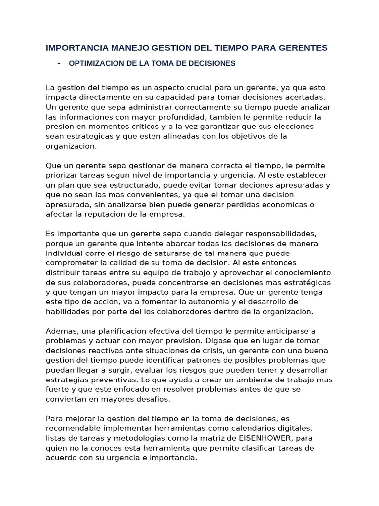 Gestión del Tiempo para Gerentes Eficaces | PDF | Gestión del tiempo ...