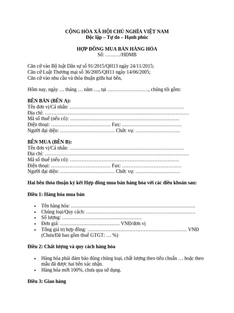 Mẫu Hợp Đồng Mua Bán Hàng Hoá | PDF