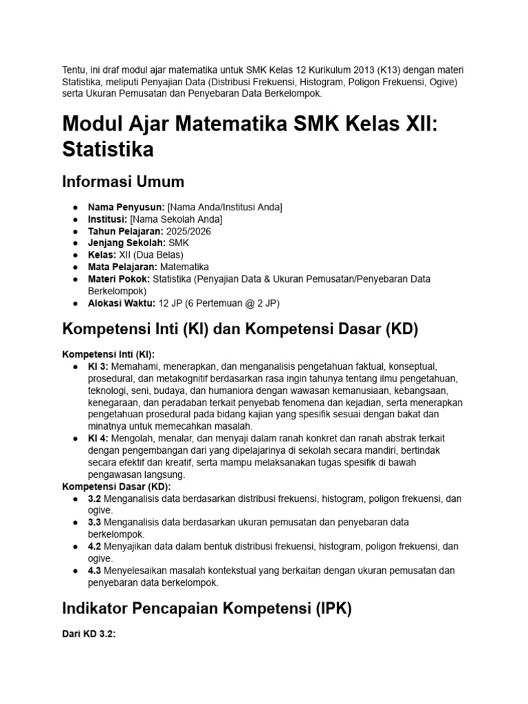 Buatkan Modul Ajar Matematika Kelas 12 K13 Materi ... | PDF