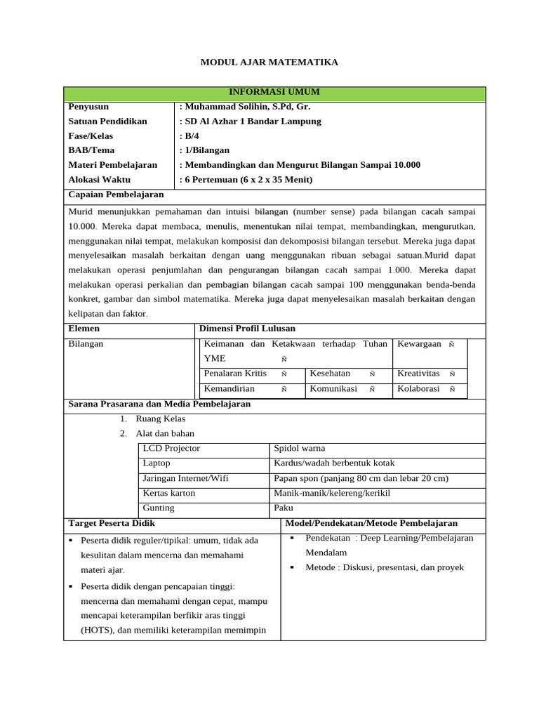 3 MODUL AJAR MTK 4 Membandingkan Dan Mengurut Bilangan | PDF