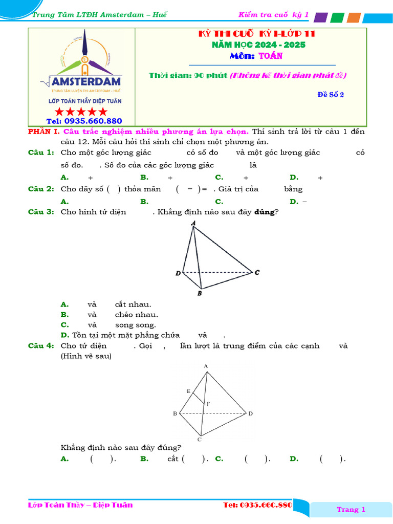 De So 2. Kiem Tra Cuoi Ky 1 - Toan 11.2024 2025 | PDF