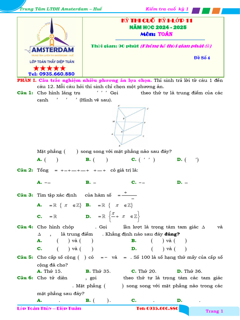 De So 4. Kiem Tra Cuoi Ky 1 - Toan 11.2024 2025 | PDF