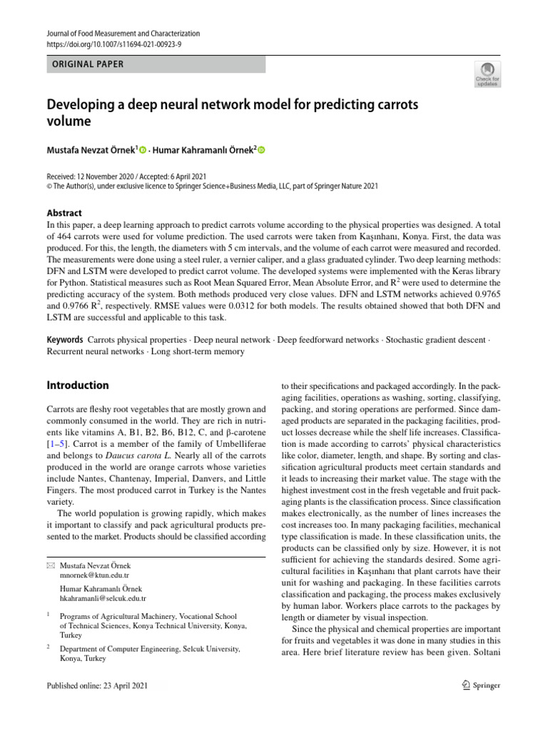 Developing A Deep Neural Network Model For Predicting Carrots Volume ...
